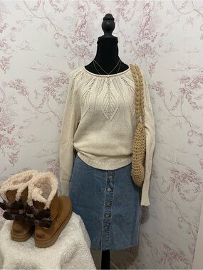 Chaps Cream Knit Sweater and Old Navy  button up Jean skirt